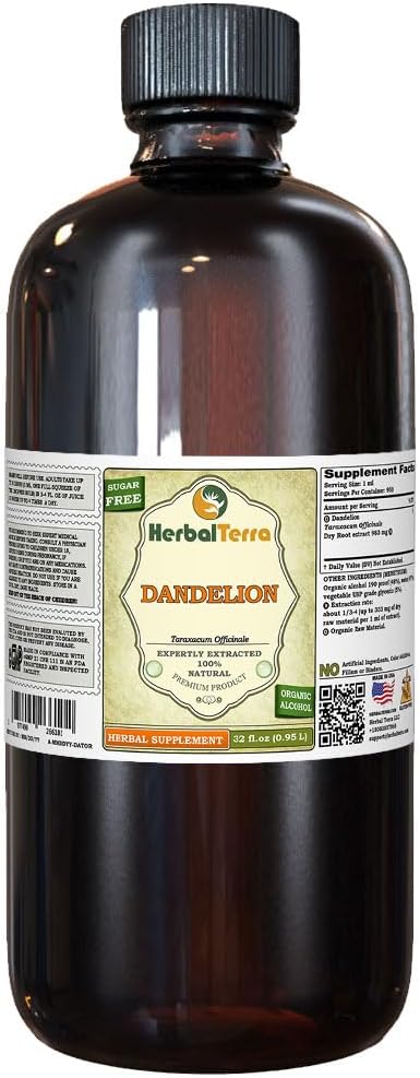 Dandelion (Taraxacum Officinale) Tincture, Organik kıl Kökleri Sıvı Ekstraksiyon (Brand Name: HerbalTerra, Proudly Made in USA) 32 fl.oz (0.95 l)