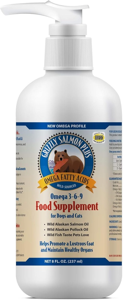 Grizzly Pet Προϊόντα Σολομός Plus Ωμέγα 3-6-9 Συμπλήρωμα διατροφής για σκύλους και γάτες, 8 ουγγιά