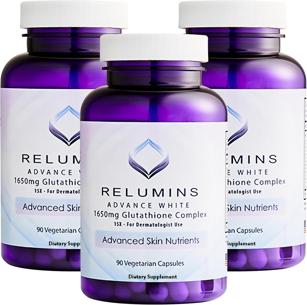 Relumins L-Glutathione Complex 1650mg - Αντιοξειδωτική Υποστήριξη με Alpha Lipoic Acid, NAC, L-Μεθειονίνη, Βιταμίνη Ε, Συμπλήρωμα για την Υγεία του Δέρματος, Κατασκευασμένο στις ΗΠΑ - 90 Καψάκια Χορτοφαγικής x 3 Φιάλες
