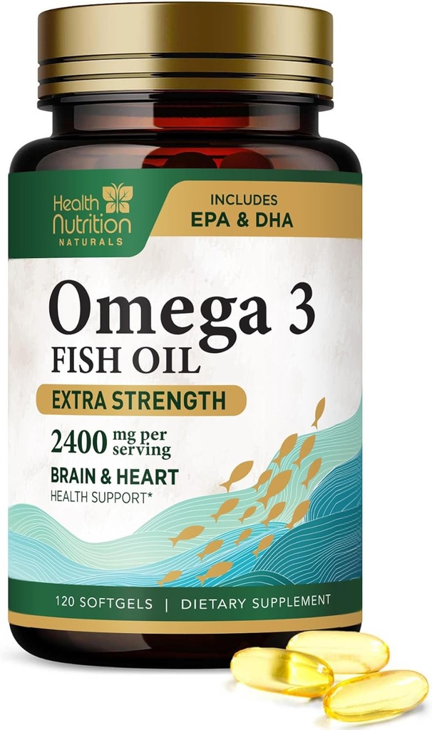 Omega 3 Fish Oil 2400 mg - Triple Strength Omega-3 Supplements - Natural Brain Heart Health & Immune Support - Fatty Acids with EPA & DHA - Wild Caught Purified Fish Oil Supplement - 120 Softgels