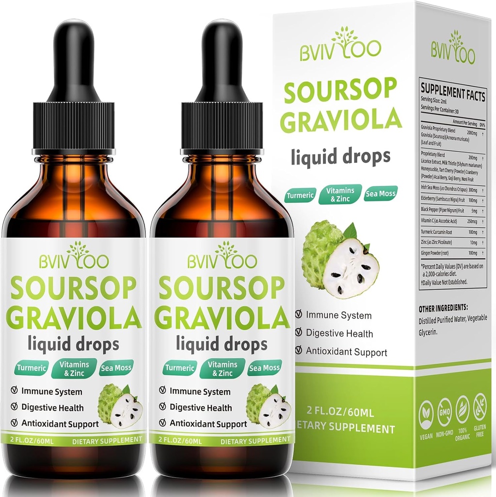 2 Pack Soursop Graviola Liquid Drops - 2000 mg Pure Soursop Ekstraksiyon 300 mg Sea Moss & 100 mg Elderberry - Güçlü Hücre Desteği, Antioksi-Rich, Immune-Boosting - 4 Fl Oz (120 ml) Şişe