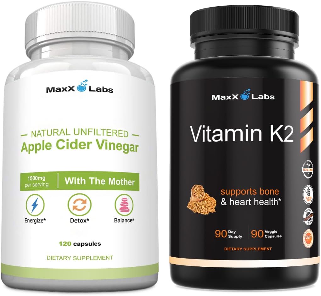 Apple Cider Vinegar Capsules with The Mother Help improve Energy, Immunity, Digestion & Metabolism + Vitamin K2 Supplement - Full Spectrum Vitamin K2 MK7, MK4 & Steel - 90 Capsules