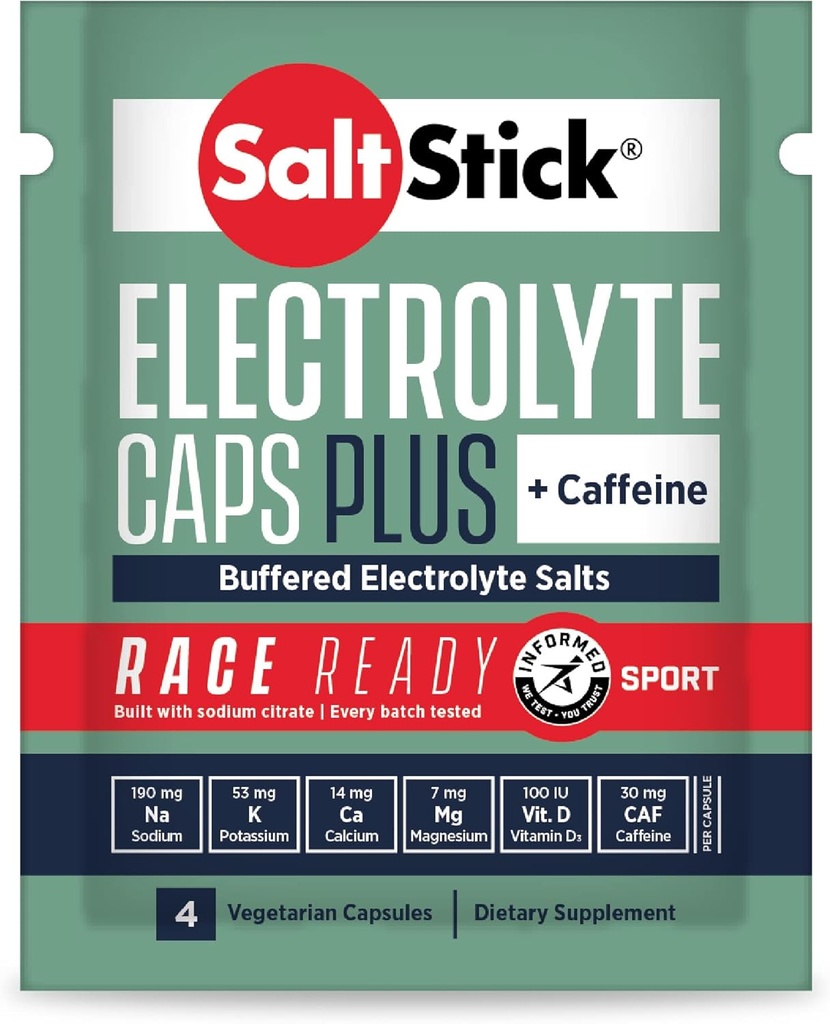 SaltStick Race, Caffeine ile Elektrolyte Capsules | 96 Capsules | Salt Pills for Run, Hydration, Helps Reduce Muscle Cramps | 24 Packets, 4 Capsules Every