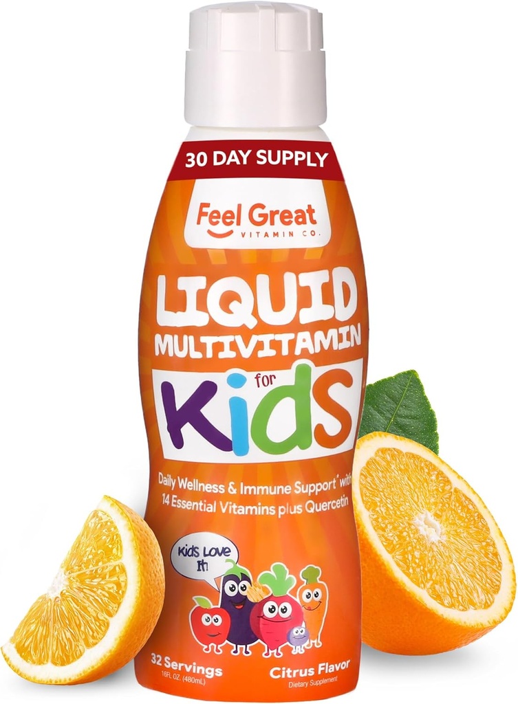 Great Sugar Free Kids Multivitamin - Sıvı Multivitamin | Temel Vitaminler Immune Support | Orange Flavored, Vejetaryen Formula | 30 Gün Supply