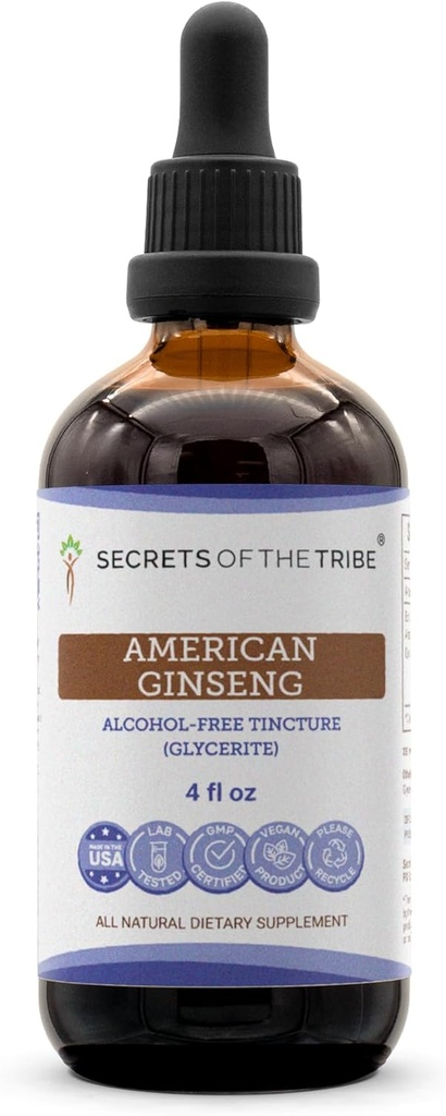 Μυστικά της φυλής American Ginseng Βάμμα Υγρού Εκχυλίσματος Χωρίς Αλκοόλ, Farm Grown American Ginseng (Panax Quinquefolius) Αποξηραμένη Ρίζα (4 FL OZ)