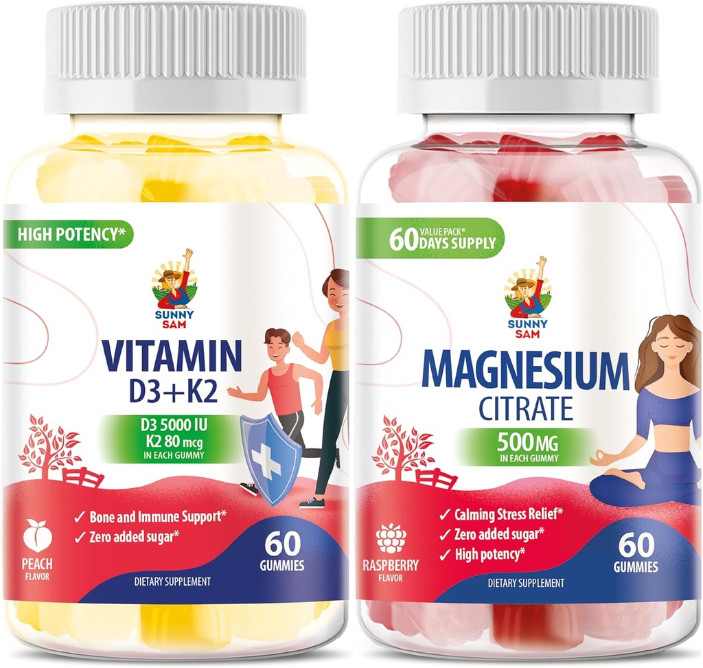 Vitamin D3 K2 Gummies 5000 IU - Immune & Bone Suppor & Magnesium Gummies for Kids & Adults - 500mg