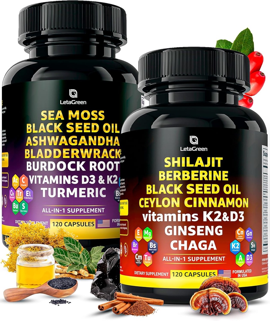 İrlandalı Deniz Moss ve Himalaya Shilajit Capsules - 120 Vahşi Deniz Ayları Siyah Tohum Yağı, Burdock Root & Bladderwrack Toz - 120 Fulvic Acid Pure Shilajit Capsules