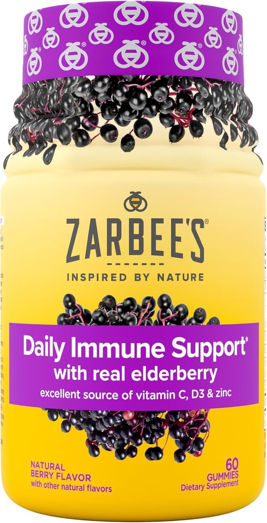 Gummys Elderberry του Zarbee ημερήσιο συμπλήρωμα ανοσοποιητικής υποστήριξης με βιταμίνες A C D E & Zinc, Black Elderberry Extract, Natural Berry Flavor, Vegetarian, Gelatin-free, 60 Count