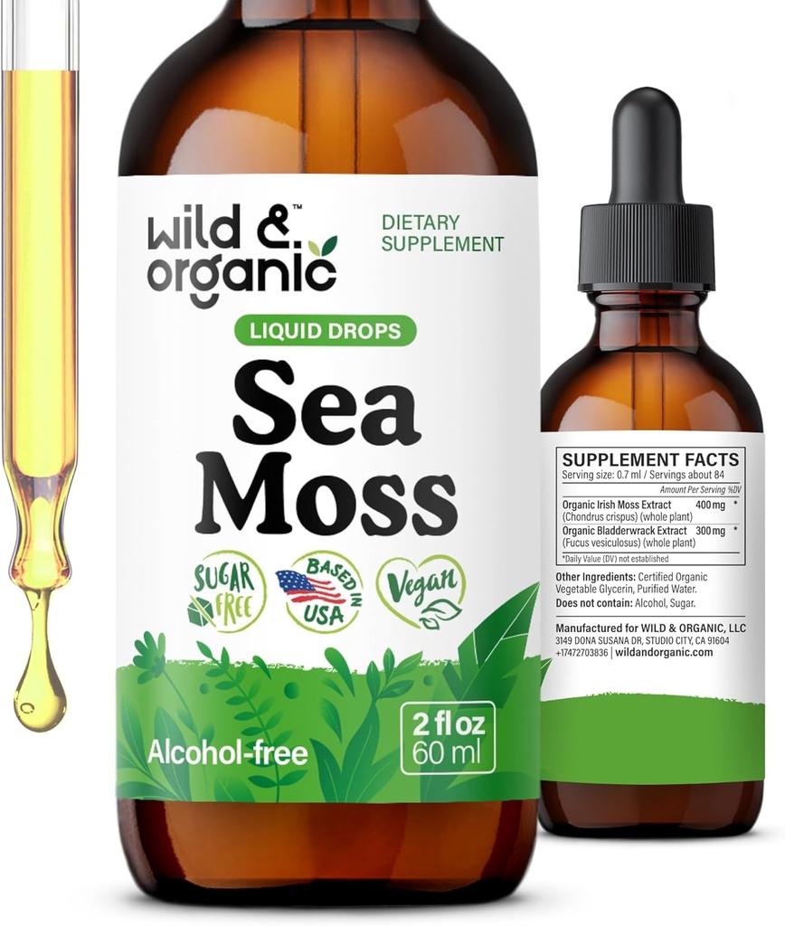 Wild & Organic Sea Moss Liquid Drops - Immune Support - Irish Sea Moss and Bladderwrack Tincture - Multimineral Chondrus Crispus Supplement - Vegan, Sugar & Alcohol-Free - 2 fl oz