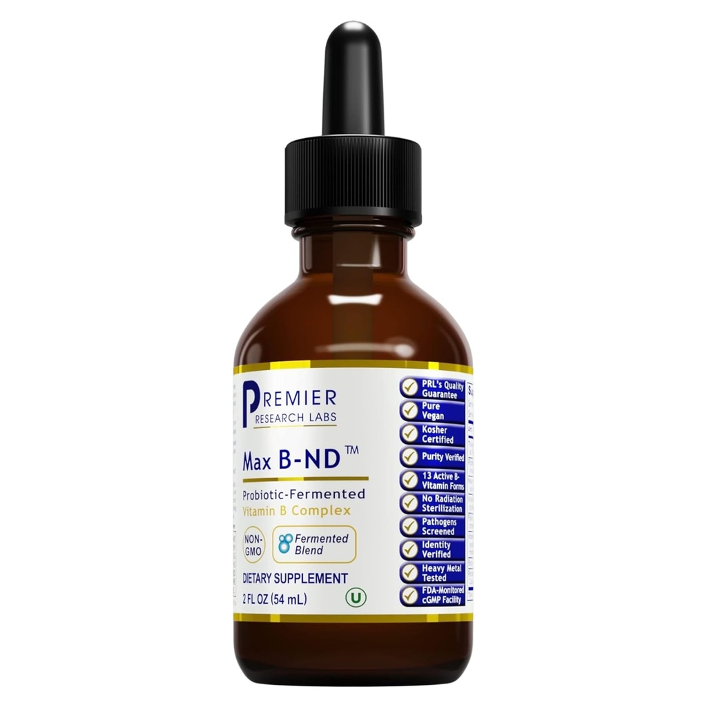Premier Research Labs Max B-ND Sıvı Vitamini - Liver & Brain Health için B-Complex - Enerji için Sublingual Drops, Immune & Adrenal Support - 2 fl oz - Thiamin, B12, B6 & More - Erkekler için, Kadınlar için