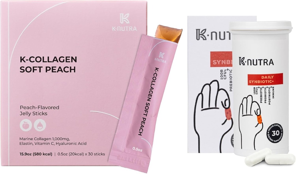 Daily Synbiyotik+ (30 Caps) 100B CFU, Kimchi Postbiyotik & K-Collagen Soft Peach Collagen Jelly (30 Sticks) - Digestive & Skin Health