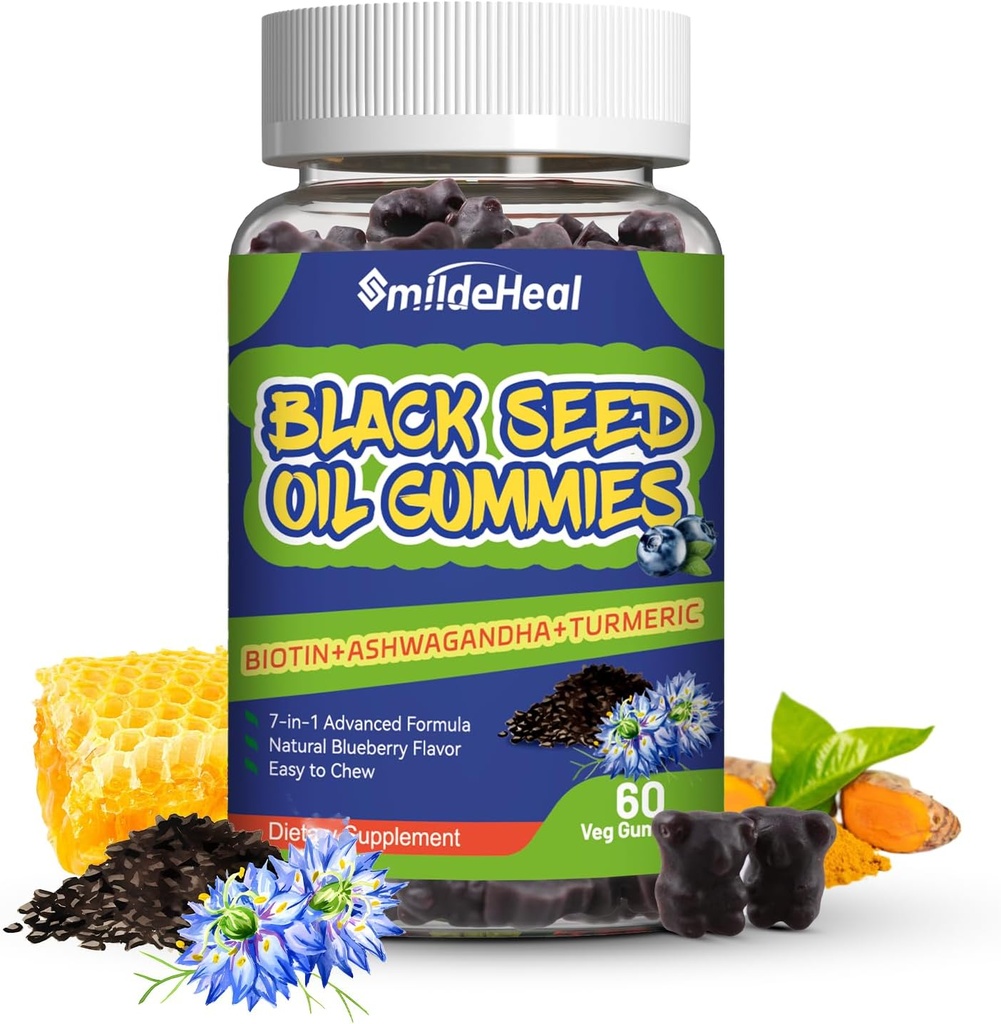 Black Seed Oil Gummies, Organik Black Cumin Tohum Yağı Gummies, Black Cumin Tohum Petrol Organik 500 mg, Chewable Black Tohum ve Honey Gummies, Vegan, 60 Gummies