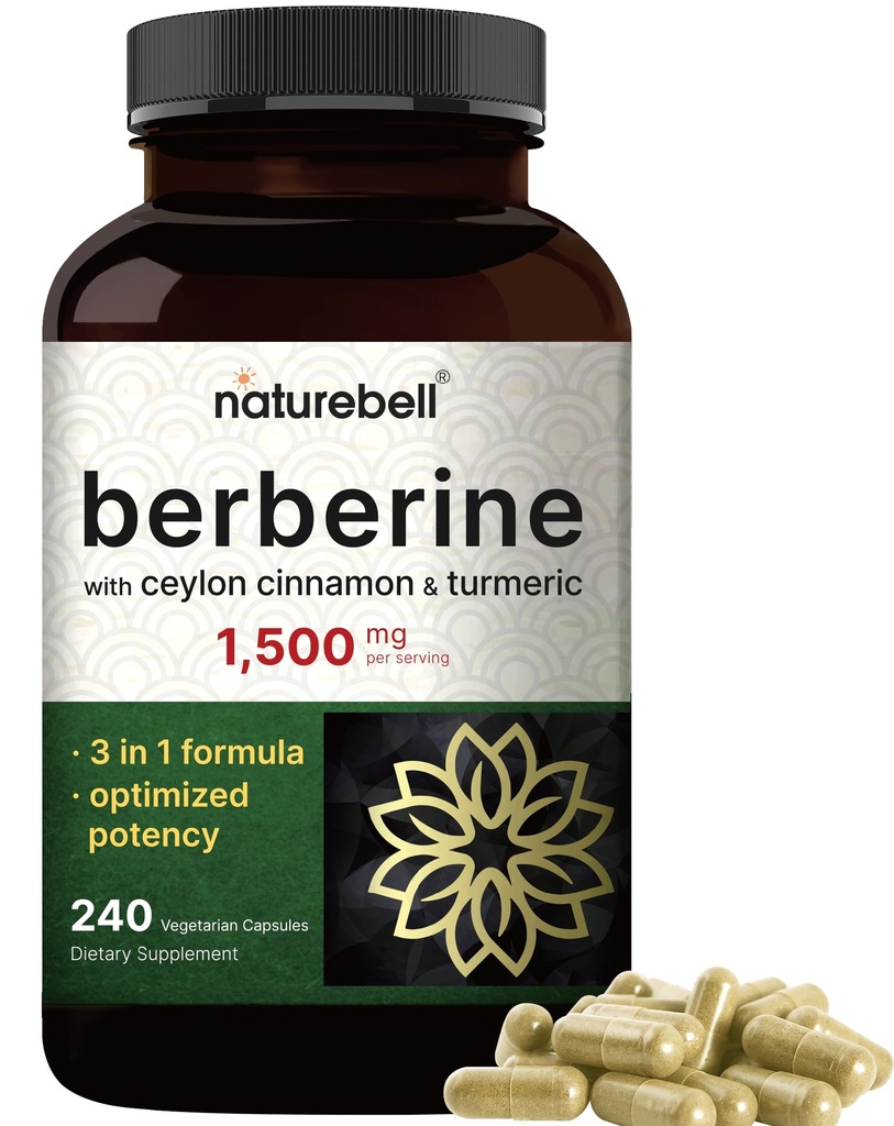 Berberine Supplement 1500 mg ile 1000 mg Ceylon Cinnamon & 300 mg Turmeric, 240 Veggie Capsules | 97 Saf Berberine HCL | Destekler Dengeli Sugar Levels & Heart Health | Vegan, Non-GMO