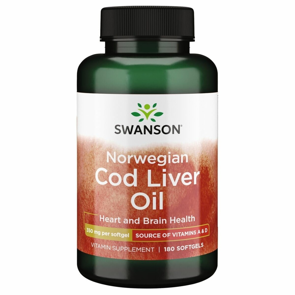 Swanson Cod Liver Oil - Wellness Supplement Proting Bone, Skin Health, Vision Support & Immune System Function w/High Abxia Vitamin A - (180 Softgels, 350 mg Her)