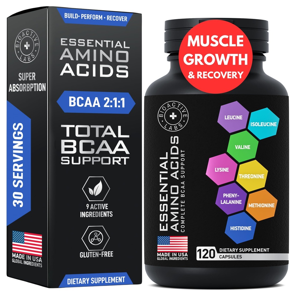 Essential Acids Supplement for Women & Men - Vegan BCAA Amino Asit Kompleksi Tüm 9 BCAAs Essential Reeses - Advanced Workout Power & Recovery Formula - 120 EAA BCAA Pills