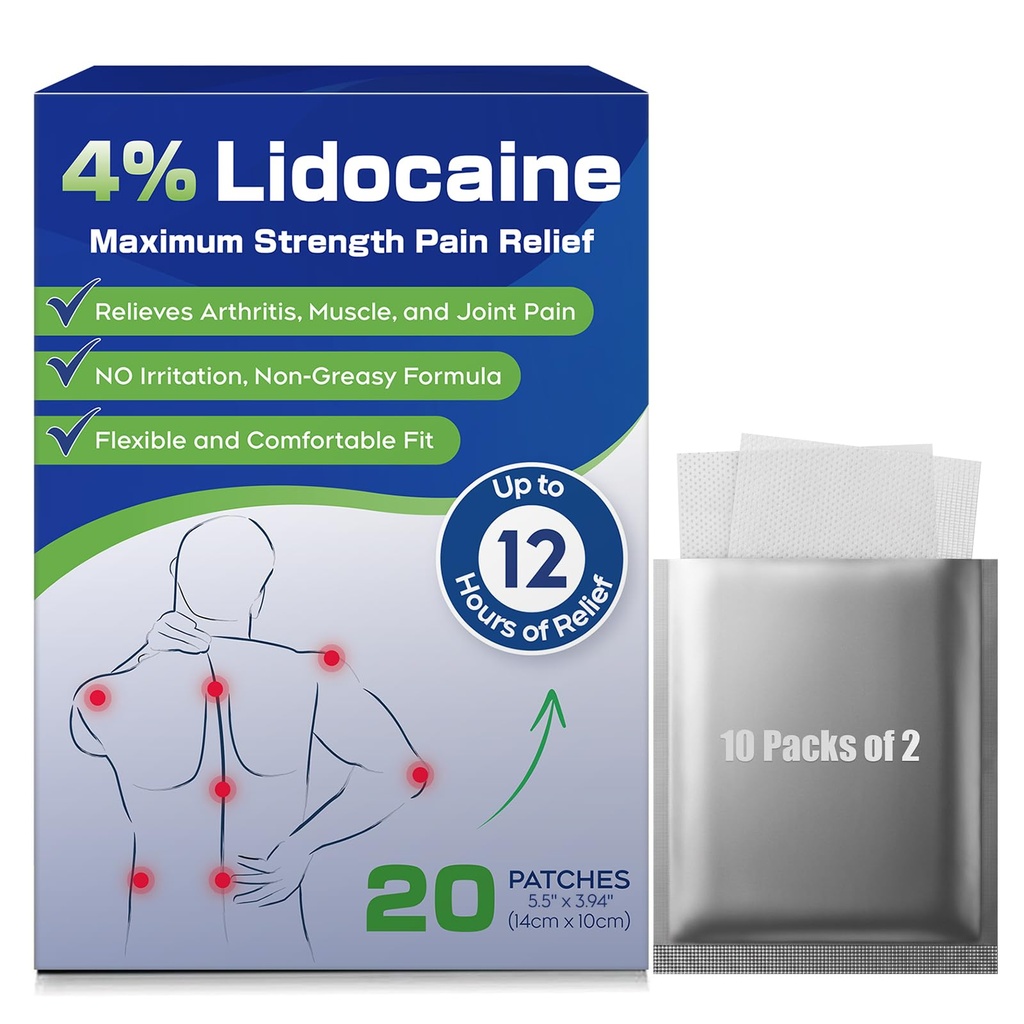 Uposiut 4% Lidokak Patches, 20 Kont Patches maksimum Güçlü Lidokaki Patches (20 Patches), Kas Ağrısı Boyunca, Omuzlar, Omuzlar, Ayaklar, Ayaklar ve Anks, 12 Saat Ağrısı