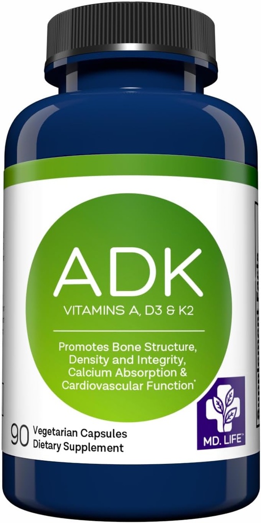 Συμπλήρωμα βιταμίνης MD.LIFE ADK – Βιταμίνη D3 K2 και A Complex – 120 κάψουλες – Υψηλής ισχύος βιταμίνη ADK για την υποστήριξη της υγείας των οστών και της καρδιάς