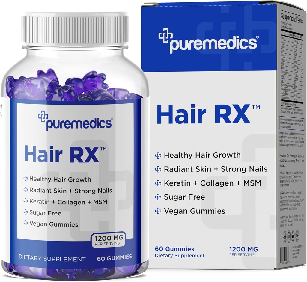 HairRX Biotin 6000mcg Vegan Gummies for Beautiful Hair and Nails - Κολλαγόνο, Πανθωνθενικό οξύ, ιωδίνη, μπαμπού, λάδι καρύδας, ψευδάργυρος, MSM για γυναίκες και άνδρες (1 μήνας προμήθεια)
