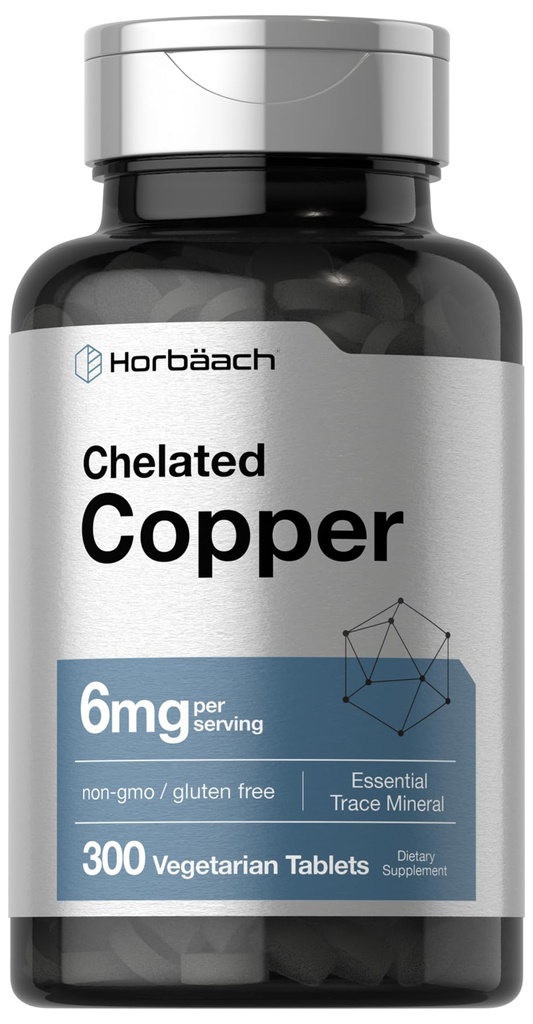 Horbäach Chelated Copper Supplement 6mg | 300 Tablet | Essential Trace Mineral | Vegetarian, Non-GMO, Gluten Free