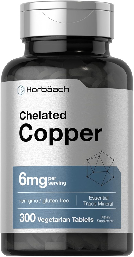 Horbäach Chelated Copper Supplement 6mg | 300 Tablet | Essential Trace Mineral | Vegetarian, Non-GMO, Gluten Free
