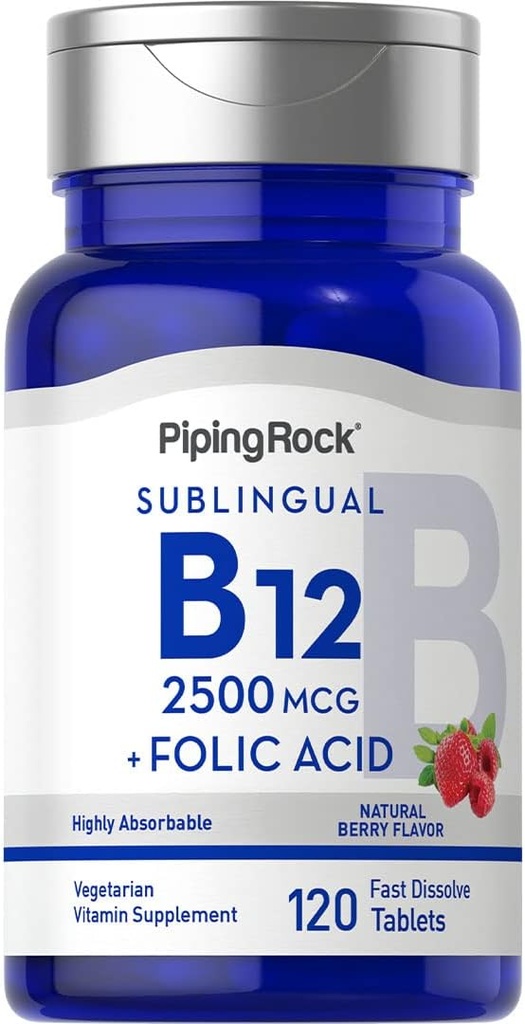 Piping Rock Vitamin B12 Sublingual | 2500 mcg | 120 Tabletler | Folic Acid | Tamam for Women and Men | Berry Flavor | Vegetarian, Non-GMO, Gluten Free