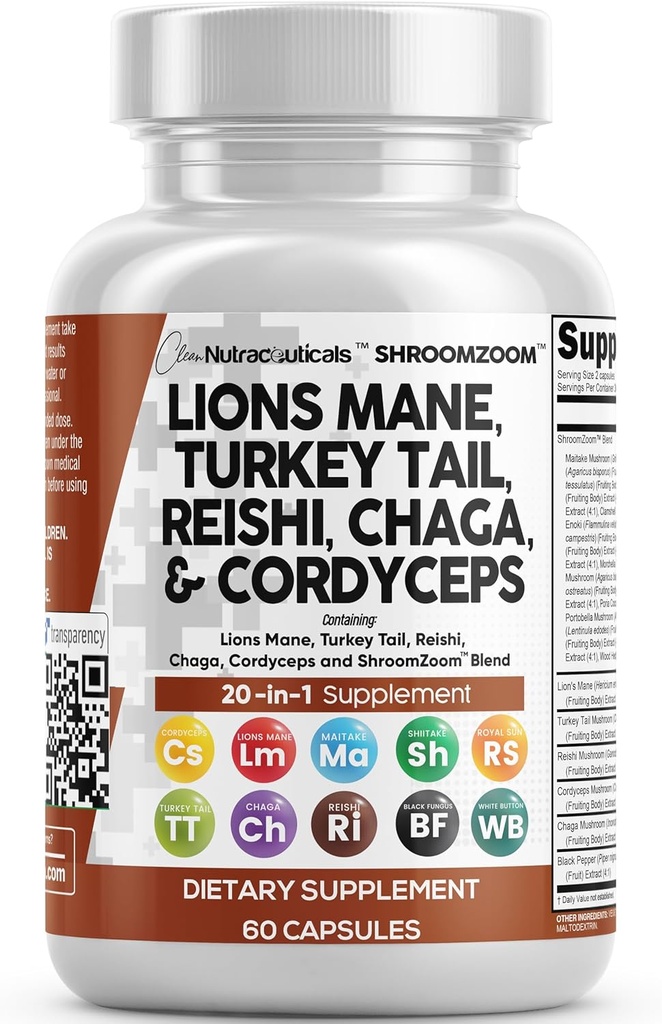 Temiz Nutraceuticals Lions Mane 20in1 Mushroom Supplement with Turkey Tail Reishi Cordyceps Chaga Maitake Meshima Poria Cocos Shiitake Oyster Porcini Enoki - 1 Pack