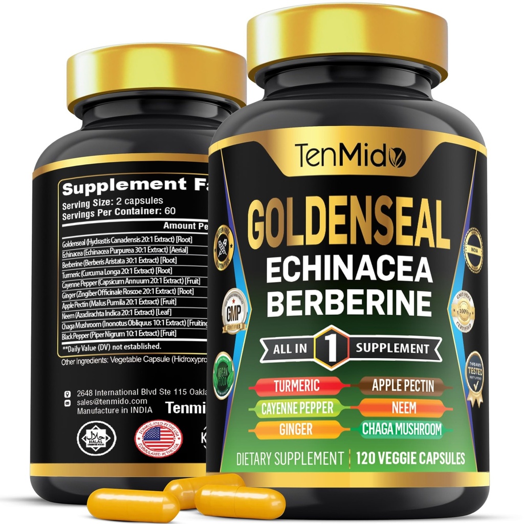 Goldenseal Root Supplement - 10in1 Formula - Echinacea, Berberine, Turmeric, Cayenne Pepper, Ginger, Apple Pectin, Neem, & More - Digestive Health Support - 120 Capsules