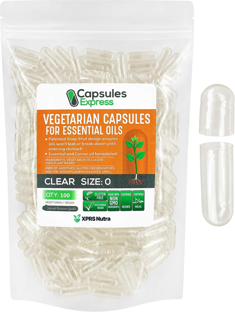 XPRS Nutra Μέγεθος 0 Κενές κάψουλες Vegan - 100 Clear Veggie Κάψουλες για το αιθέριο έλαιο - Κενά καπάκια λαχανικών - Do-It-Yourself Pilling λειτουργεί με τα περισσότερα έλαια