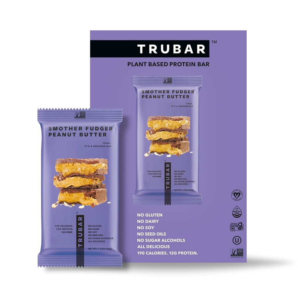 TRUBAR Vegan Protein Bars - Smother Fudger Peanut Butter, Soy Free, Dairy Free, Gluten Free Protein Bars - No Sugar Alkols - Non-GMO - Protein 12g - 12 Count