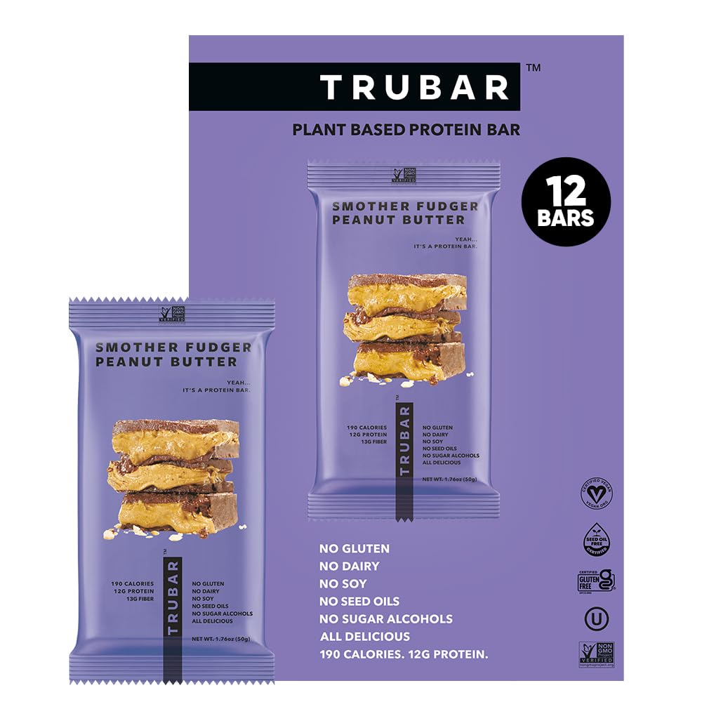 TRUBAR Vegan Protein Bars - Smother Fudger Peanut Butter, Soy Free, Dairy Free, Gluten Free Protein Bars - No Sugar Alkols - Non-GMO - Protein 12g - 12 Count
