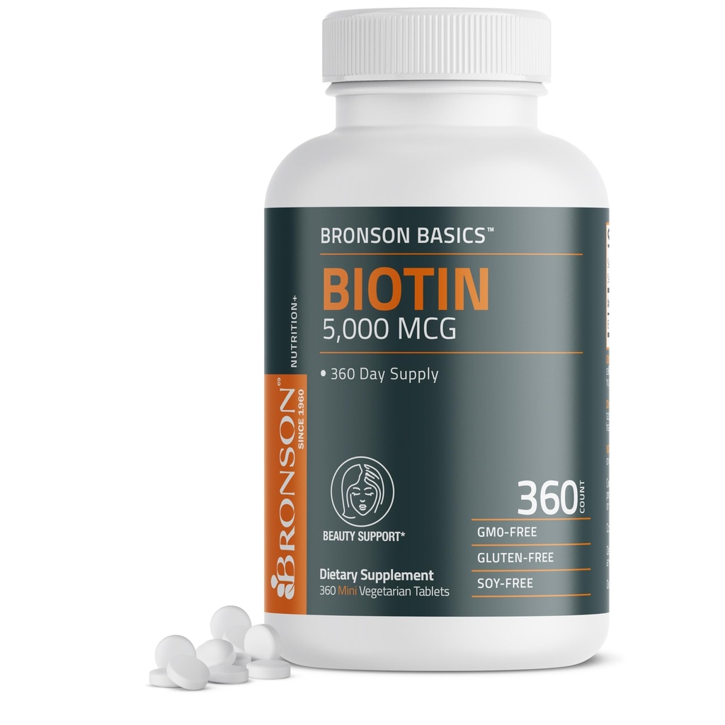 Bronson Biotin 5.000 MCG Sağlıklı Saç, Skin & Nails & Enerji Üretimi - Yüksek Potency Beauty Desteği - Non-GMO, 360 Vegetarian Tabletler