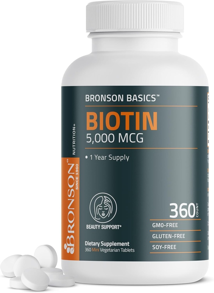 Bronson Biotin 5.000 MCG Sağlıklı Saç, Skin & Nails & Enerji Üretimi - Yüksek Potency Beauty Desteği - Non-GMO, 360 Vegetarian Tabletler