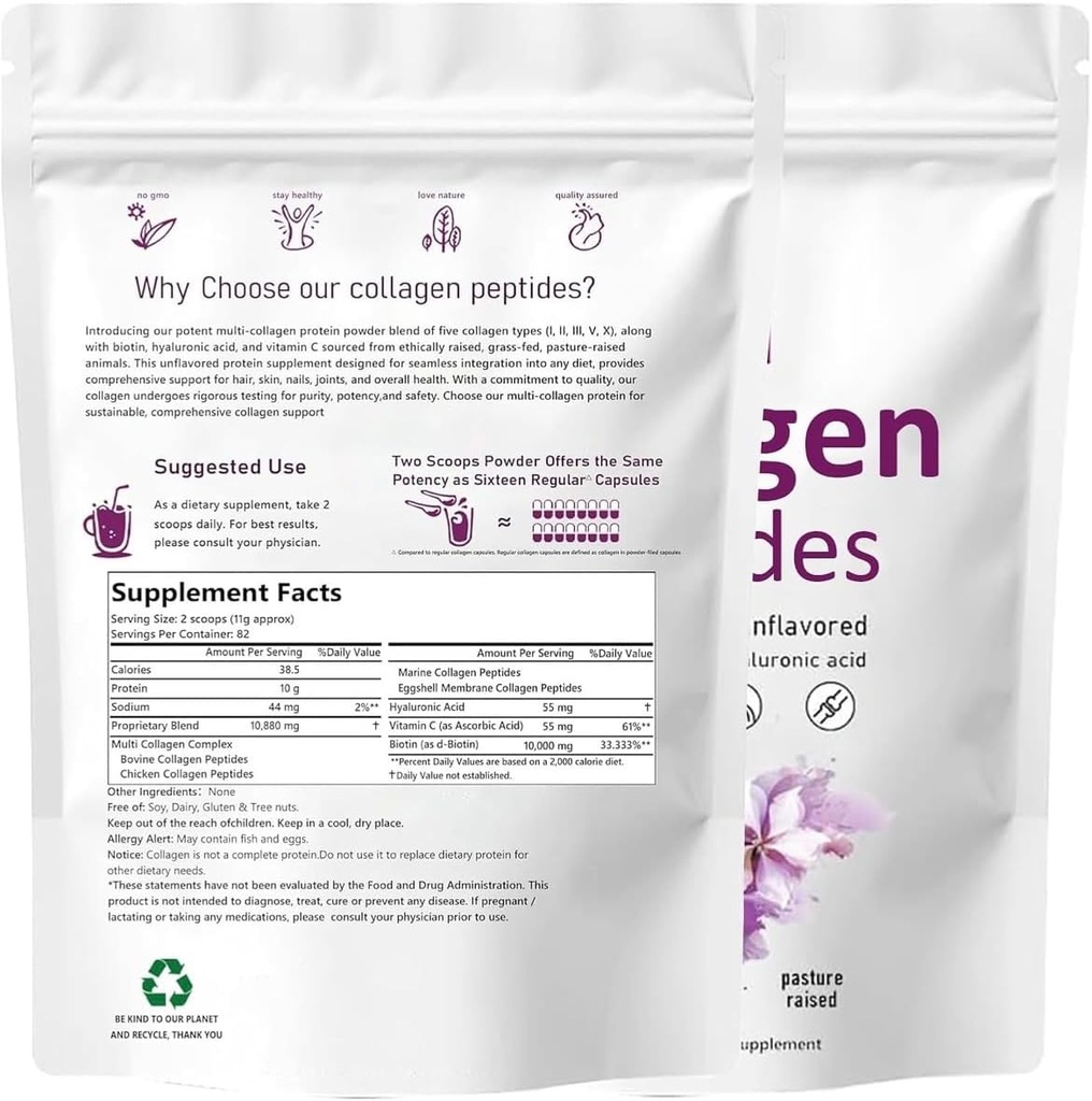 Multi Collagen,, Tip I, II, III, V, X, Unflavored, 1 lb (453.6 g), Biotin, C, Hyaluronic Asit, Grass-Fed, Pasture-Raized,