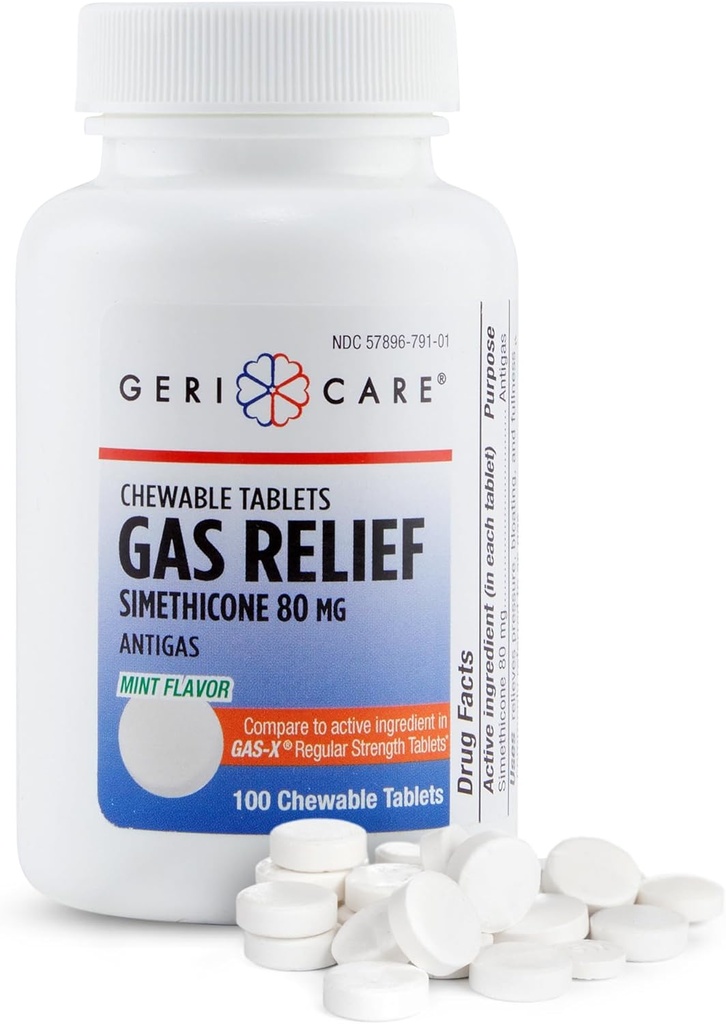 GeriCare Simethicone Chewable Gas-Relief Tabletleri 80 mg | Gas, Bloating and Discomfort | Mint-Flavored Anti-Gas Chewables | Oral Yetişkin Gaz Ağrısı Yardımı | Anti-Flatulence Aid (100 Tablet)