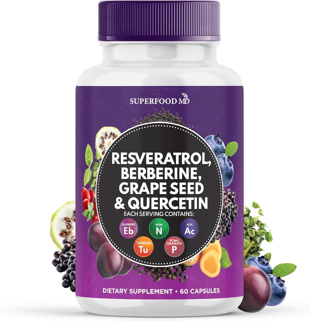 Resveratrol Berberine Grape Seed Extract Quercetin - Συμπλήρωμα πολυφαινόλης με εκχύλισμα Noni, N-Acetyl Cysteine, Acai Extract - Κατασκευασμένο στις ΗΠΑ - 60 κάψουλες