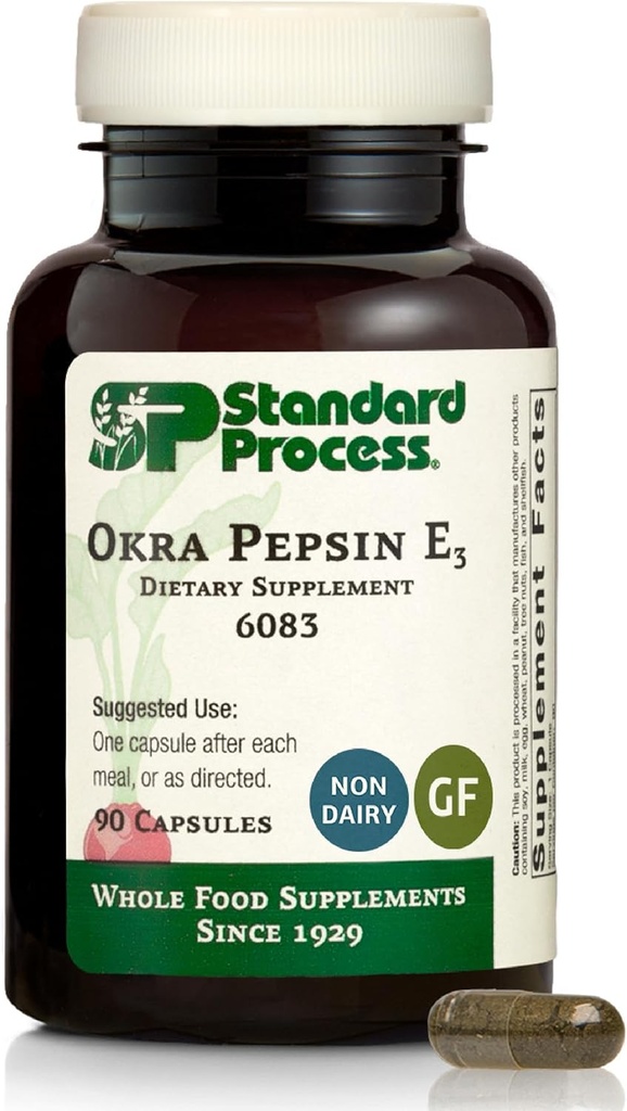 Standard Process Inc. Okra Pepsin E3 - Ολόκληρα τρόφιμα Digestive Health, Cholesterol, Bowel και Bowel Καθαρίστε με Pepsin, Alfalfa, Spanish Moss, Buckwheat και Okra, Gluten Free - 90 κάψουλες
