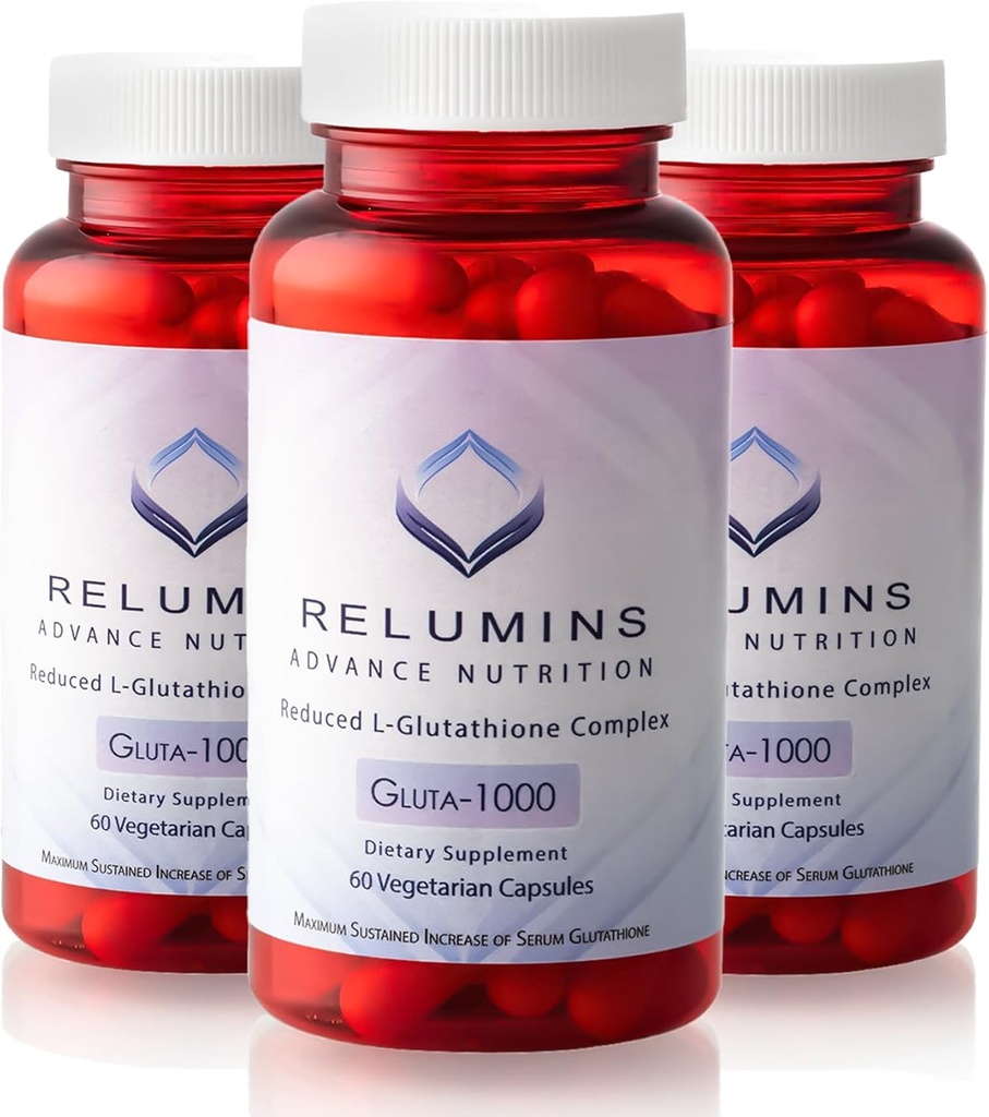 Relumins Advance Nutrition Gluta 1000 - Reduced L-Glutathione, Alpha Lipoic Acid & Rose HIPS - Antioxidant Support for Skin & Overall Wellness - 60 Veg Capsules x 3 Bottles (90-Day Supply)