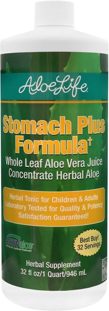 Aloe Life - Στομάχι Plus Formula, γρήγορης δράσης τονωτικό για παιδιά, ενήλικες, & ηλικιωμένους, υποστηρίζει υγιής πέψη & βοηθά στην καταπραϋντικό αέριο, Bloating, & Nausea, Aloe Vera συμπύκνωμα, χωρίς γλουτένη (32 oz)