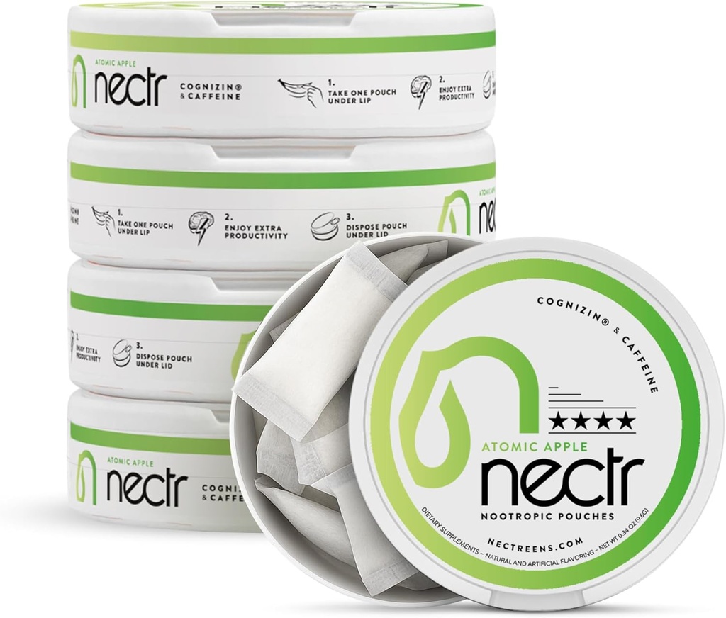 Nectr Enerji Nootropic Pouches – Atom Apple Flavored, Caffeine Pouches with Cog ETF® Citicoline. Sugar-Free Brain Treats. Smooth, Sustained Focus & Energy Supplement - 16parçalık 1 Puck of 16