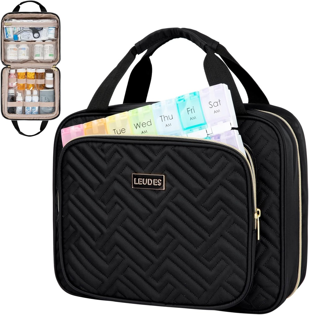 Leudes Travel Pill Şişe Organizer,Medicine Organizer ve Storage,Home Drug Bag, Cases,Carrier for Pills,Vitamin,Fish Oil,Supplements for Women and Men (Large, Black)