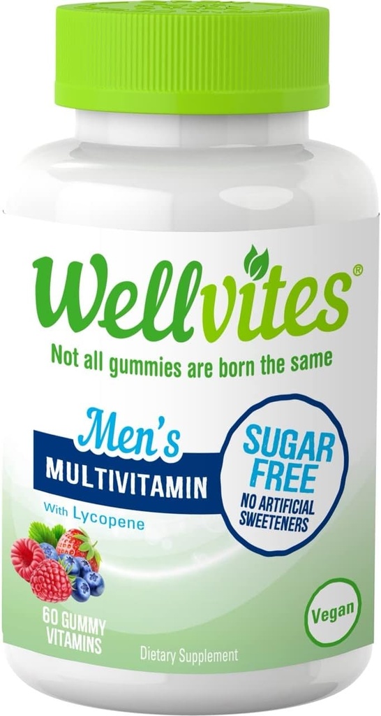 Wellvites Sugar Free Multivitamin Gummies for Men, Vegan and Non-GMO - A, B6 ve B12, Biotin ve Folate, Vitamins for Men, No Yapay Sweeteners, Gluten-Free, 60 Count (30 Day Supply)