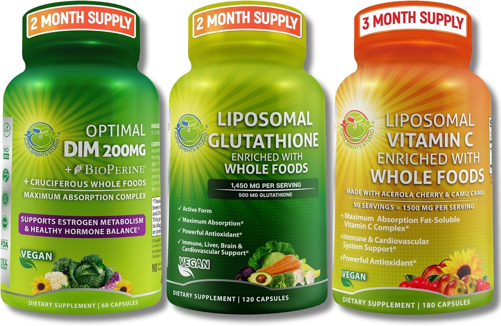 Total Immune, Hormonal & Antioksi Support Sche for Women & Men - Liposomal Glutathione 500 mg + Liposomal Vitamin C 1500 mg + DIM 200 mg with BioPerine® & Cruciferous Whole Foods – Vegan & Non-GMOMOMOMO