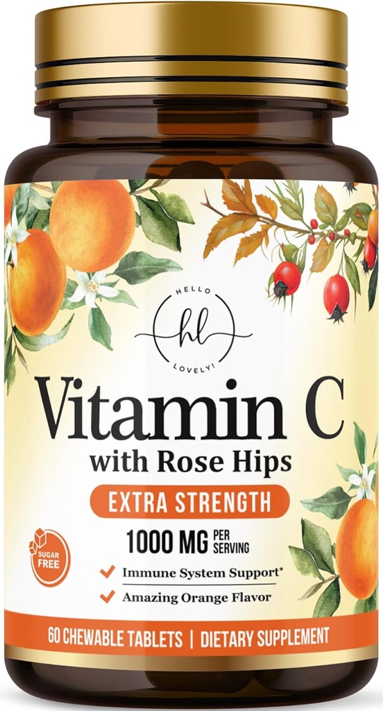C Vitamin 1000 mg - Rose Hips Bioflavonoids ile Ekstra Güç - Sugar Free Vitamin C Chewable Pills, Nature's Vit C for Immune Support & Antioxy - 60 Chewable Tabletler
