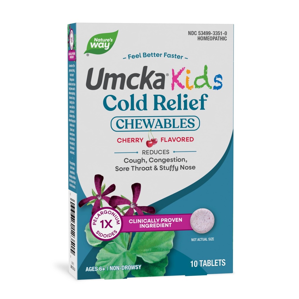 Nature's Way Kids Cold Relief Chewables, Umcka, Ages 6+, Shortens Duration and Reduces Severity, Multi-Symptom Cold Remedy, Non-Drowsy, Cherry Flavored, 10 Tablet