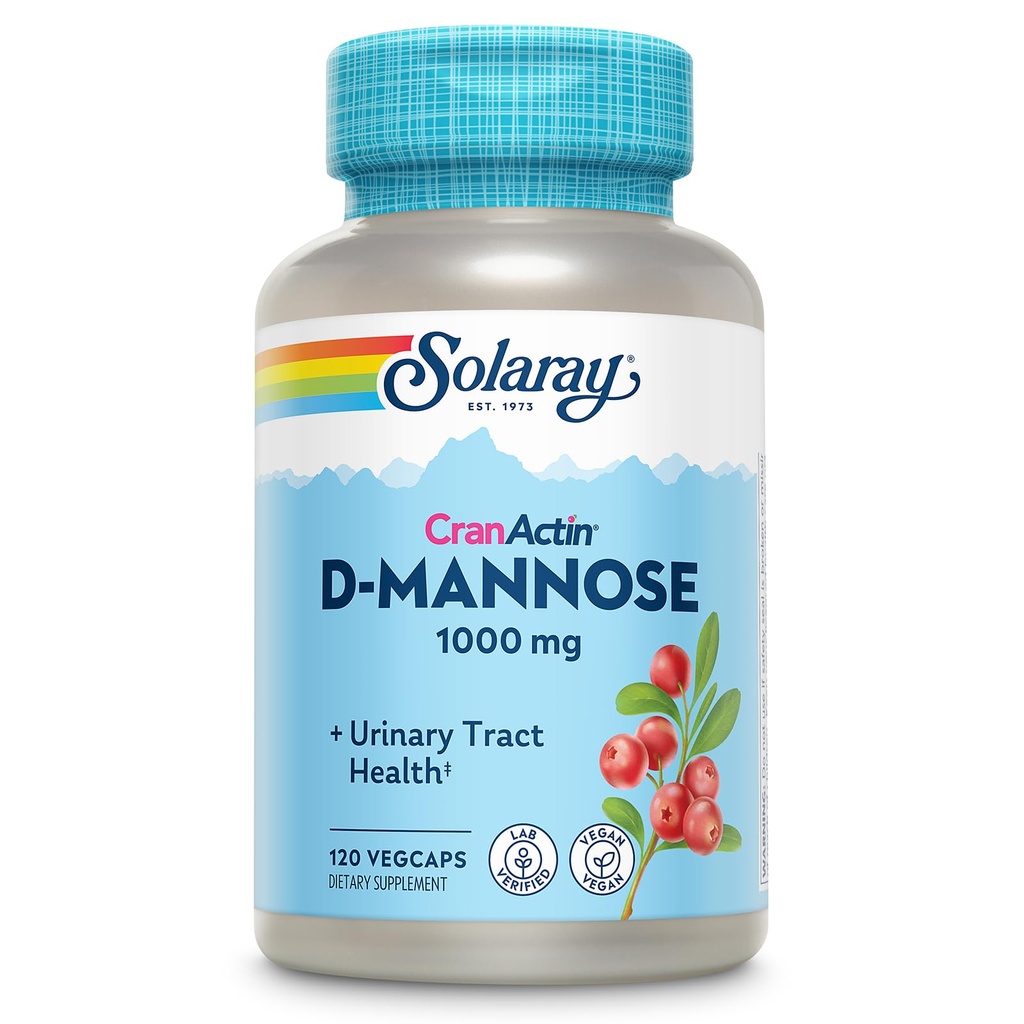 SOLARAY D-Mannose 1000 mg with CranActin Cranberry Extract - D Mannose and Cranberry Supplement with Vitamin C - Supports Urinary Tract Health - Vegan, 60-Day Garantili