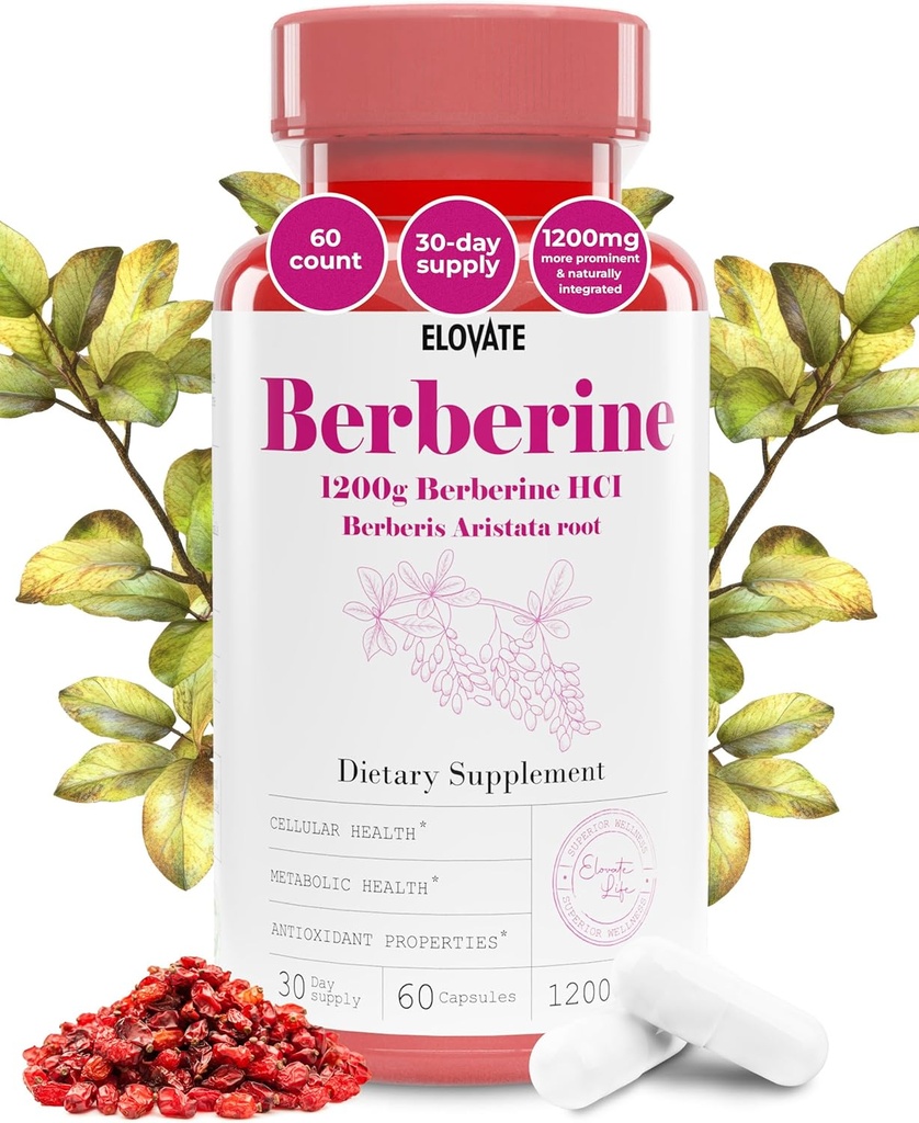 Elovate Berberine HCI Capsules, 1200 mg - All- Natural, 3rd-Party-Tested, Non-GMO & Gluten-Free Berberine Supplement for Heart & Digestion, 60 Counts