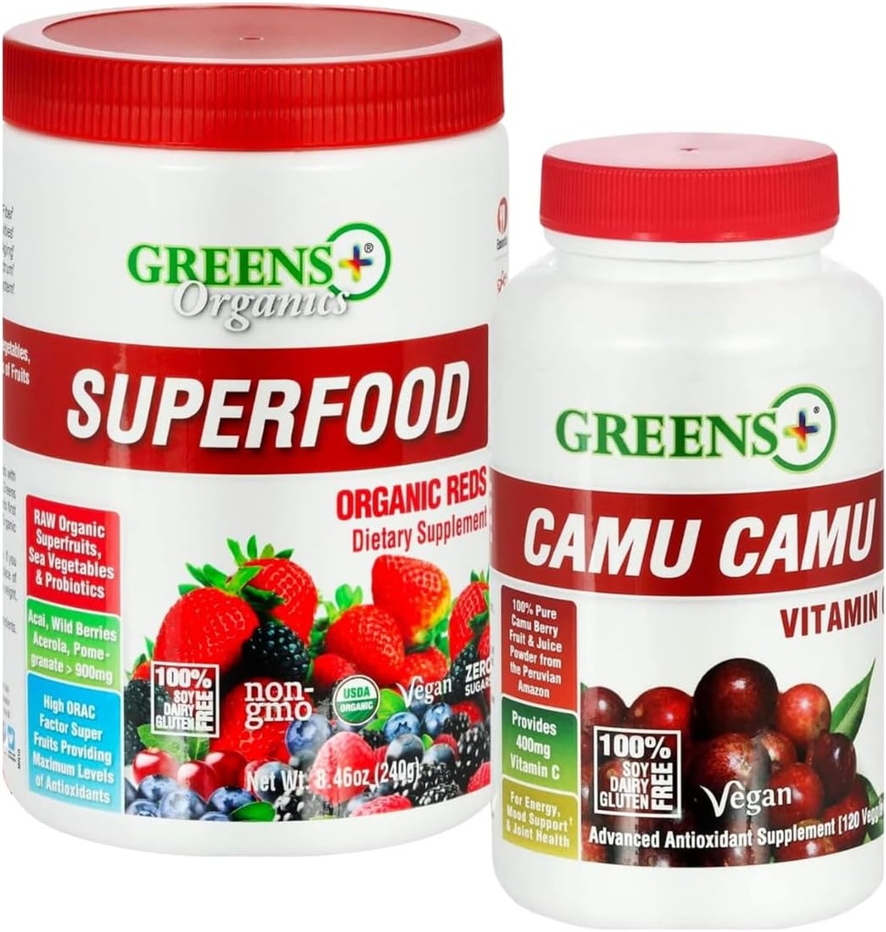 Greens+ Organik Reds Superfood Toz Camu Diyetsel 400 mg C SuperFruit Supplement 120 Capsules, %100 Doğal, Vitamin & Minerals, Vegan, Soy/Dairy/Gluten Free