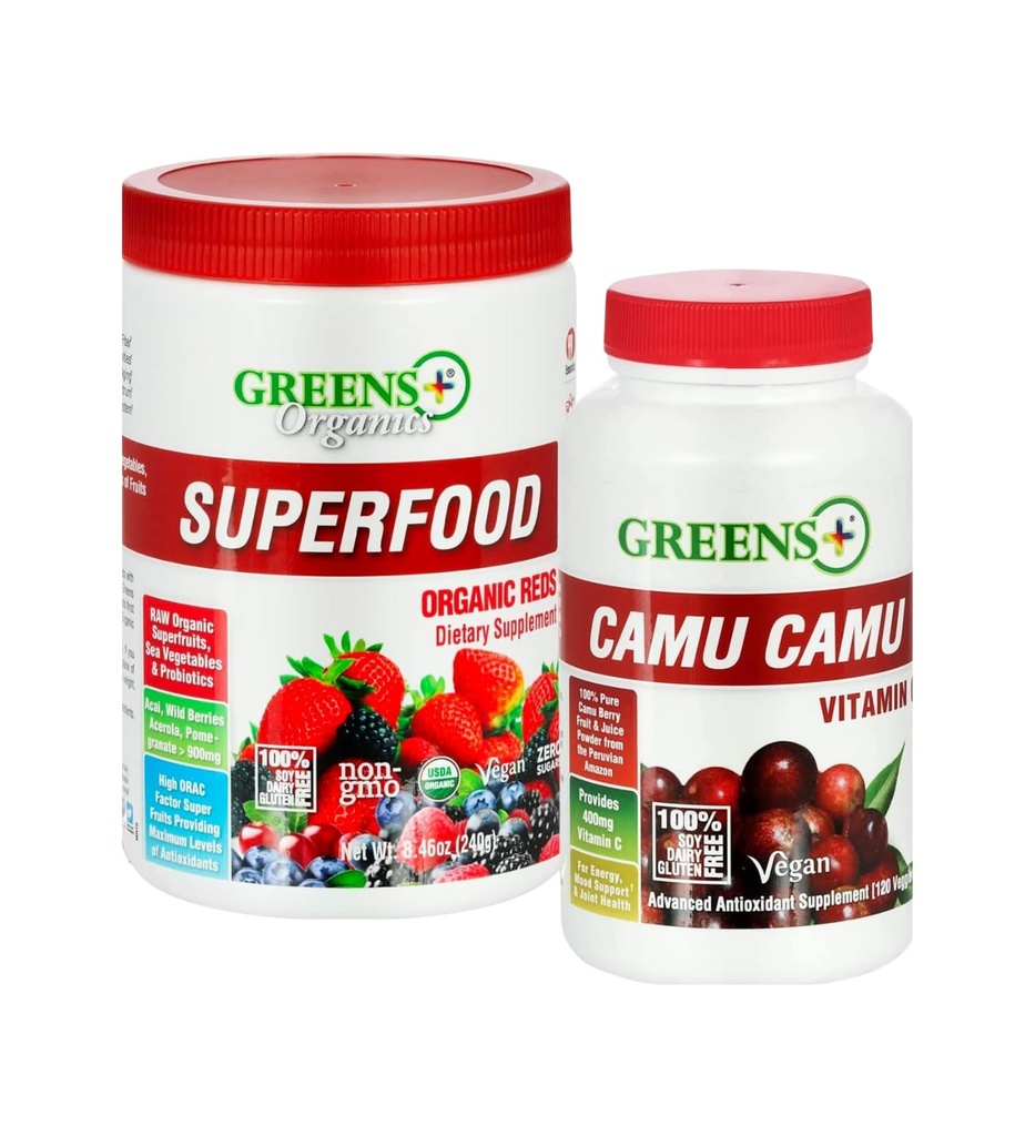 Greens+ Organik Reds Superfood Toz Camu Diyetsel 400 mg C SuperFruit Supplement 120 Capsules, %100 Doğal, Vitamin & Minerals, Vegan, Soy/Dairy/Gluten Free