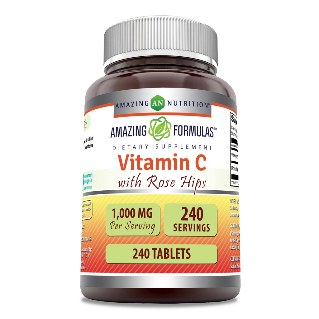 Amazing Formulas Vitamin C with Rose HIPS Supplement | 1000 Mg | 240 Tablet | Non-GMO | Gluten-Free | Made in USA