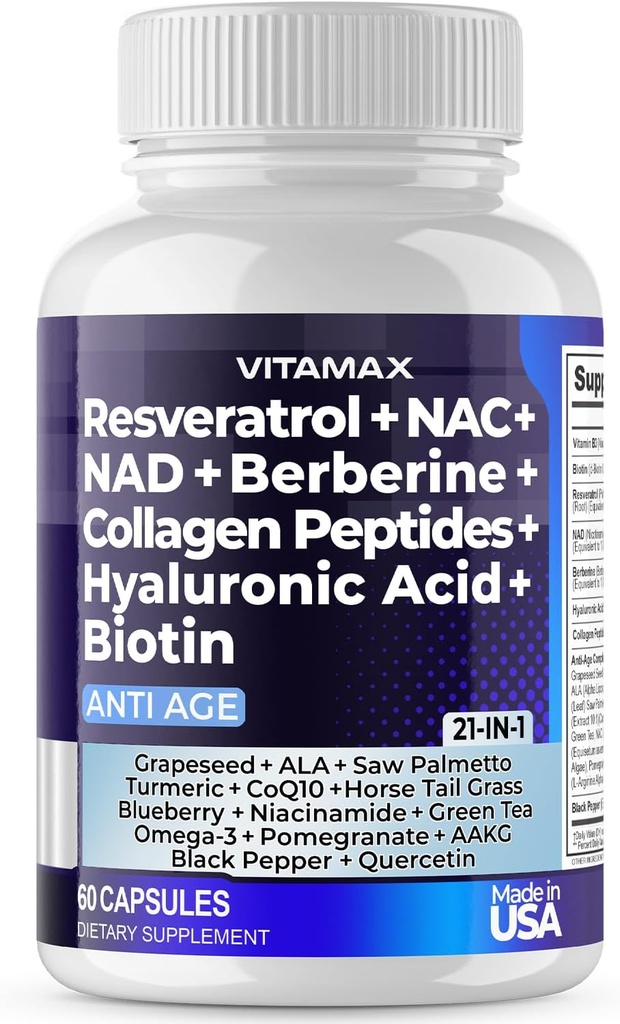 Resveratrol NAD+ Berberine Hyaluronic Asit - Biotin Grape & Blueberry + NAC - Collagen Peptides - Saç, Nail, Skin & Ortak Supplement - 21-in-1 Women and Men - Made in USA (60 Count)